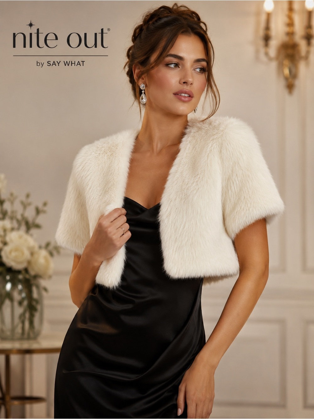 Nite Out Say What Ivory Faux Fur Cropped Bolero Shrug Jacket XL Bridal Formal C3